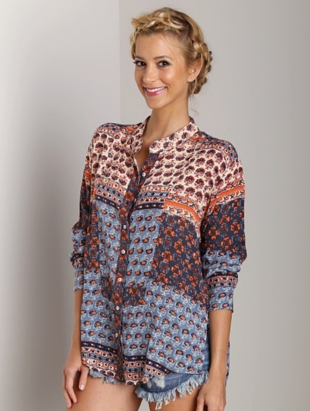 Free People Caravan Patchwork Bohemian Florql Rayon Button-down Blouse Size XS
